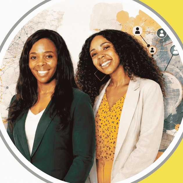 Two members of the XL team, smiling, with a market map and network overlay behind them.