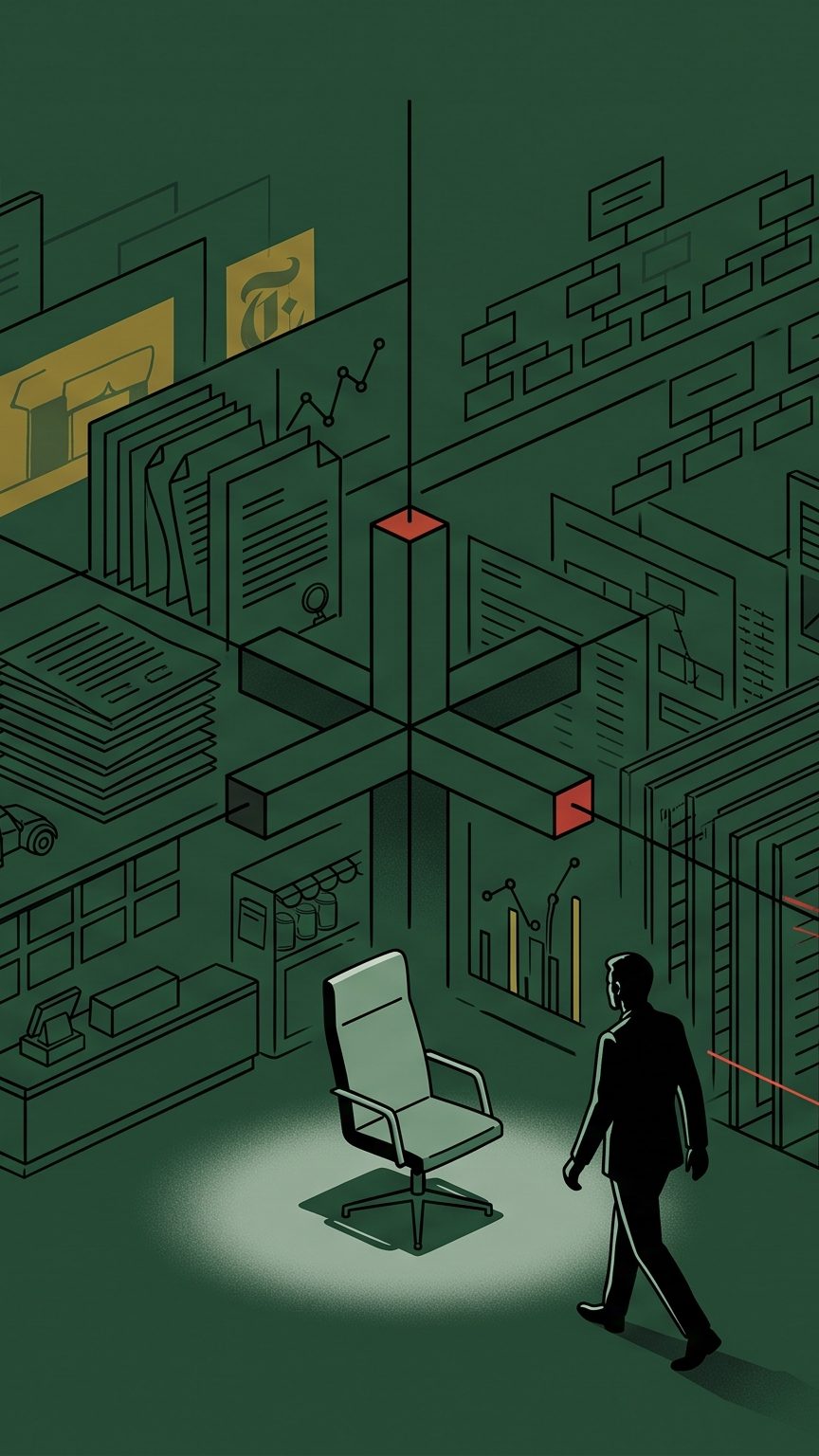 Illustration of accumulated brand equity — layers of legacy campaigns, customer records, logistics and organisational capability converging at a crosspoint before a leader reaches a decision.
