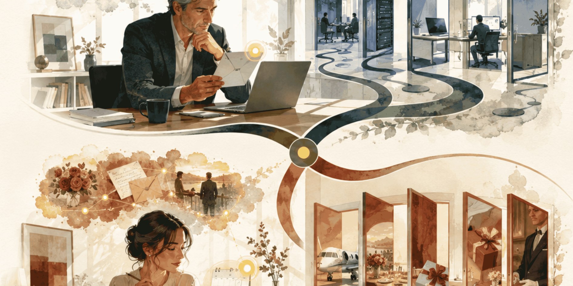 An illustration of two converging paths: a business executive's decision journey through an office, and a luxury lifestyle journey of romance, travel and gifting, meeting at a shared golden decision point.