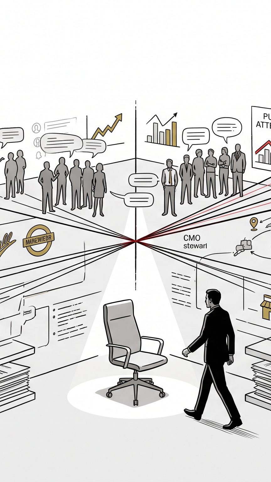 Illustration of a CMO walking toward an empty chair at the crosspoint where customer perception, public attention, global distribution and brand infrastructure converge.
