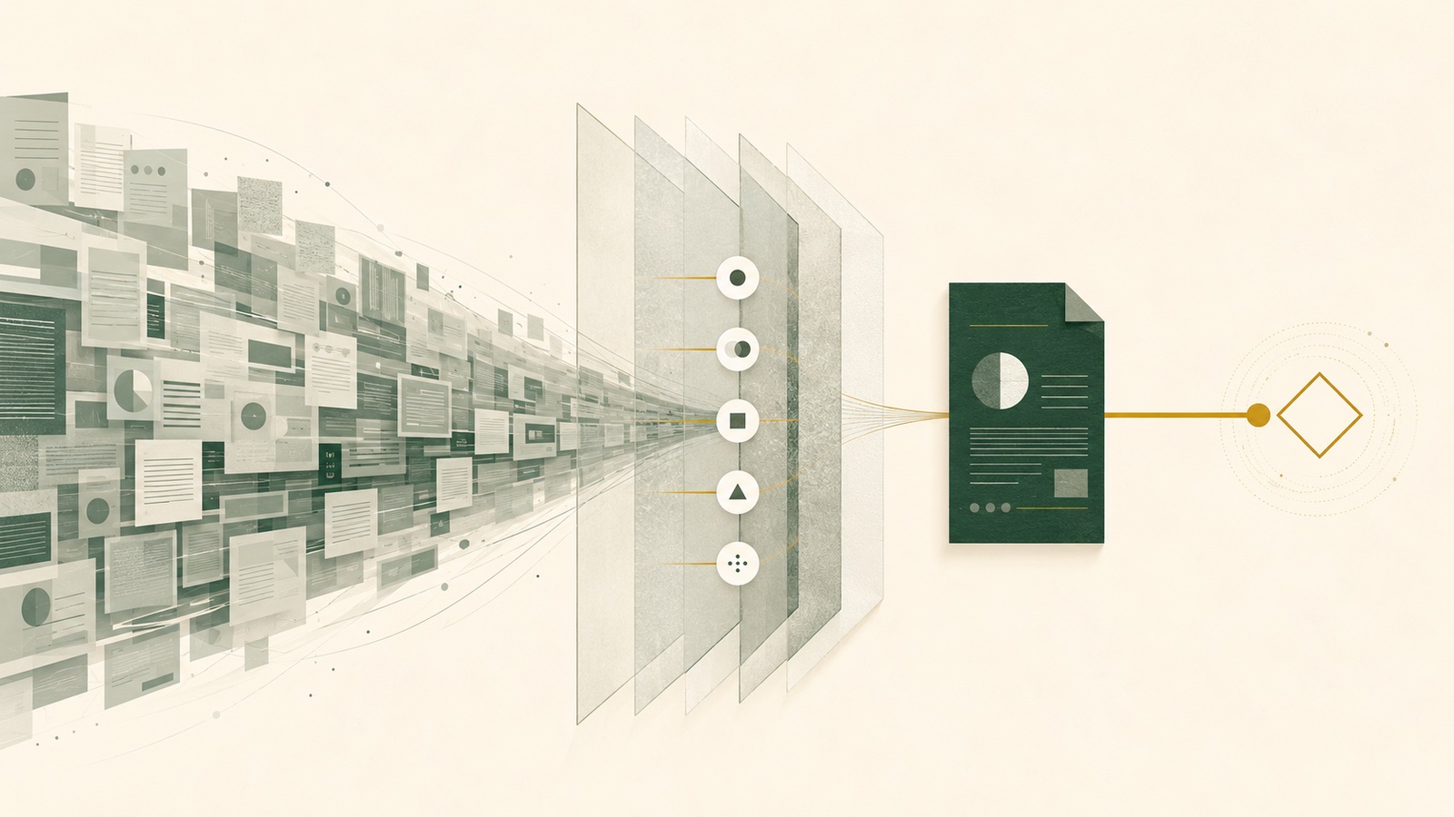 Illustration showing many similar AI-assisted content pieces passing through an evidence and judgement filter to produce one distinctive, decision-led article.