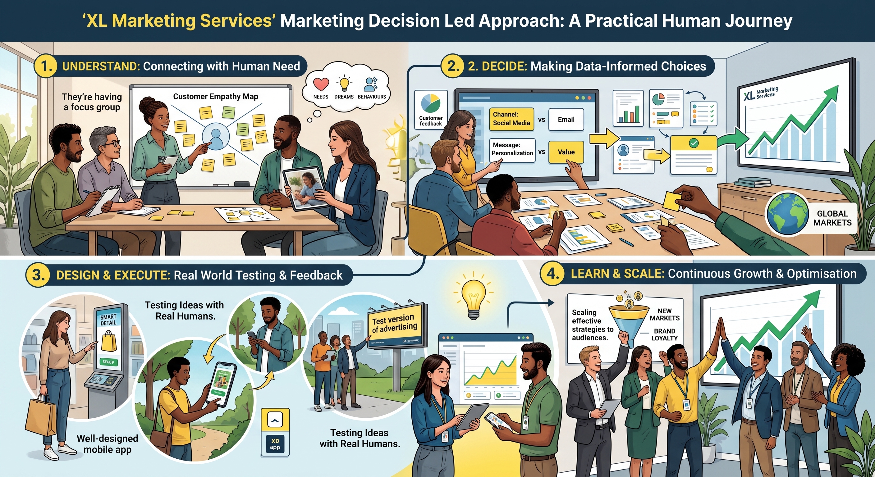 XL's four-stage Marketing Decision-Led Growth journey: Understand, connecting with human need through direct research; Decide, making data-informed choices about channel and message; Design, testing ideas with real people in real conditions; Learn, measuring results and scaling what works.