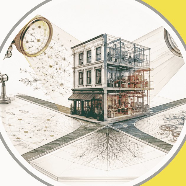 An illustration of a building shown as both architecture and infrastructure, with a magnifying glass and a network of connected data points, representing a structural diagnostic.