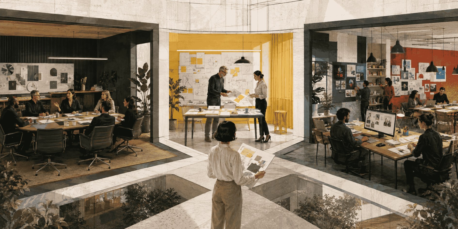 An illustrated studio with distinct working spaces — a boardroom, a strategy room and a creative team room — representing the different modes of external marketing support a business might bring in.