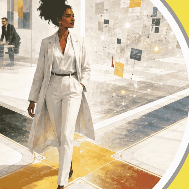 A marketing leader walking confidently through a modern office, a boardroom meeting visible behind her and a data network overlay ahead — evidence and structure working together.