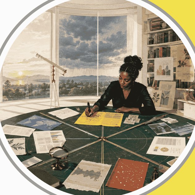 An illustration of a figure at a writing desk in a circular study, surrounded by maps, charts and instruments, mapping out a decision.