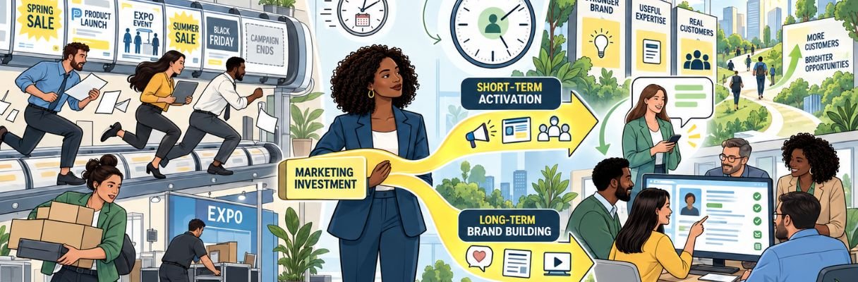 Illustrated marketing team on a campaign treadmill as a strategist balances short-term activation with long-term brand building, connected customer insight and future demand.