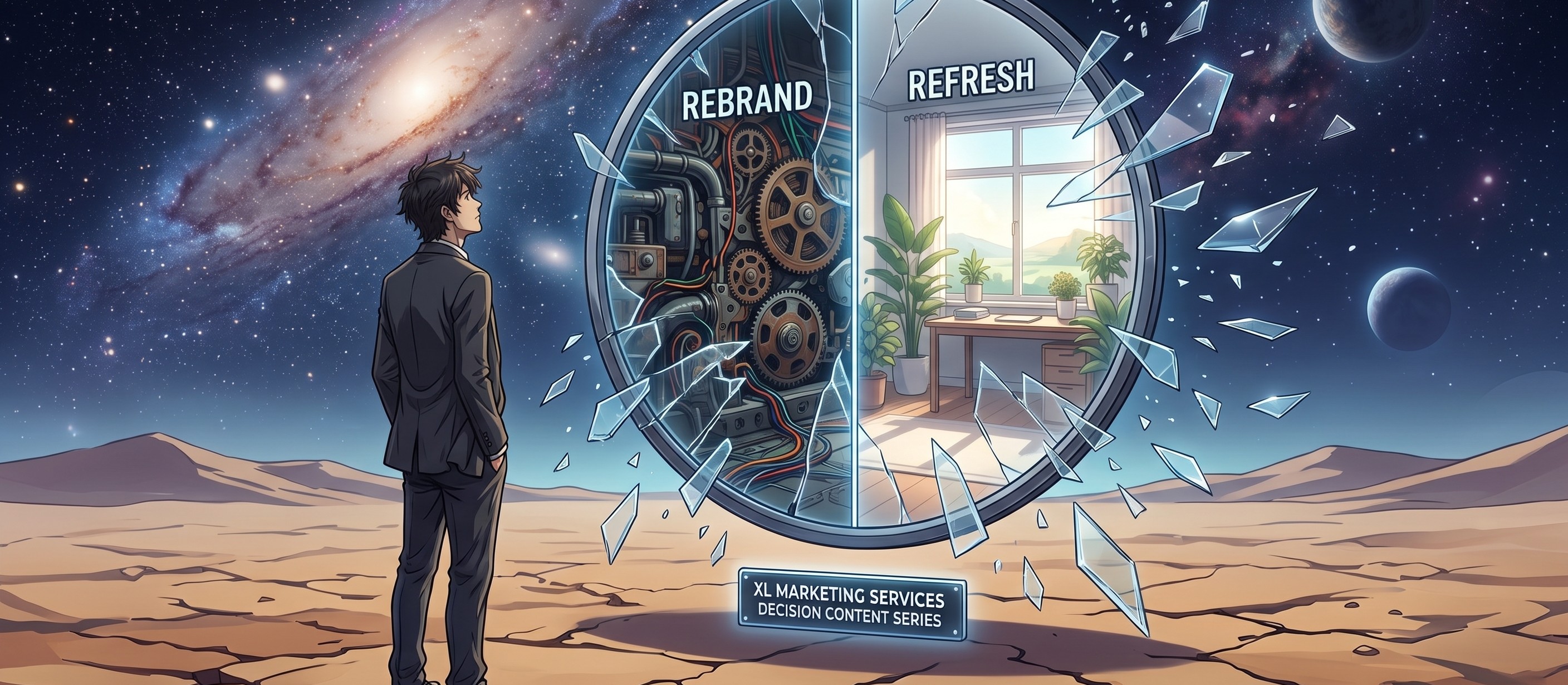 A figure faces a broken portal split between mechanical rebrand gears and a sunlit refresh room, symbolising the decision this article examines.