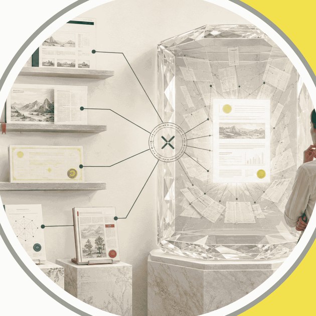An illustration of a crystalline structure radiating evidence and citations outward, with a person examining the connections.