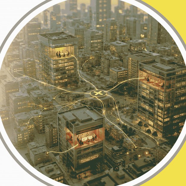 An aerial view of a city at dusk, with glowing lines converging from across the skyline onto lit boardrooms in a handful of named buildings — representing named-account targeting and executive engagement.