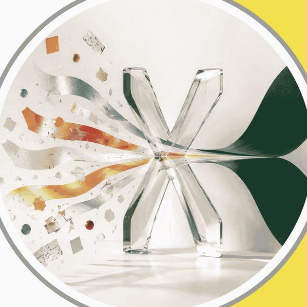 A glass sculpture in the shape of an X, with scattered fragments of colour and material funnelling in from one side and resolving into a single solid ribbon on the other — representing scattered market inputs converging into one clear, defensible position.