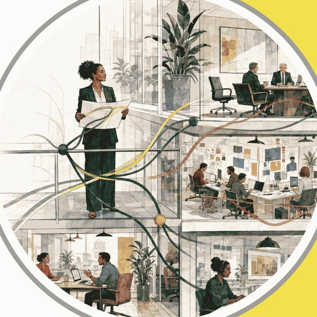 An illustration of a marketing leader standing across multiple connected floors of an organisation, directing work and reporting upward.