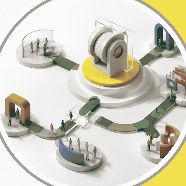 A miniature diorama of a branching path network leading toward a lit destination, representing the routes a go-to-market plan must map from opportunity to adoption.