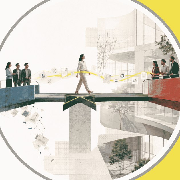 An illustration of a person walking across a bridge connecting two teams, carrying information from one side to the other.