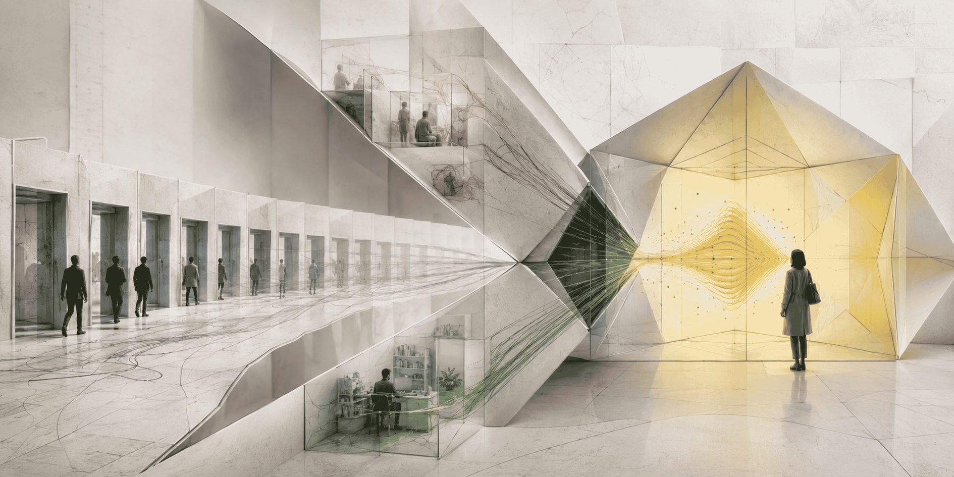 An architectural illustration of a marble corridor lined with doors, converging into a faceted golden portal, with a figure walking toward the light — representing the shift from search results to a single answer.