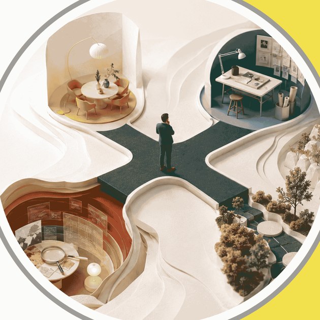 An illustration of a person standing at a crossroads, with four distinct rooms branching off — each representing a different way to work with XL.